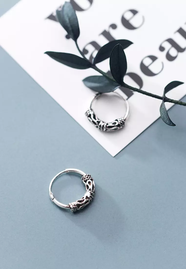 925 Marcasite Silver Vintage Pattern Hoop Earrings JW AR-E6165