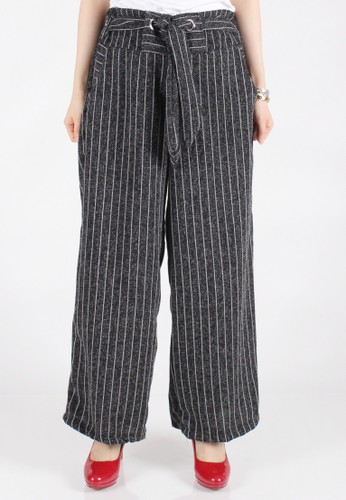 Striped Linen Bow Waisted Maxi Culottes - Black