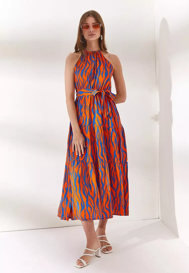 Halter Neck Belted Woven Viscose Dress