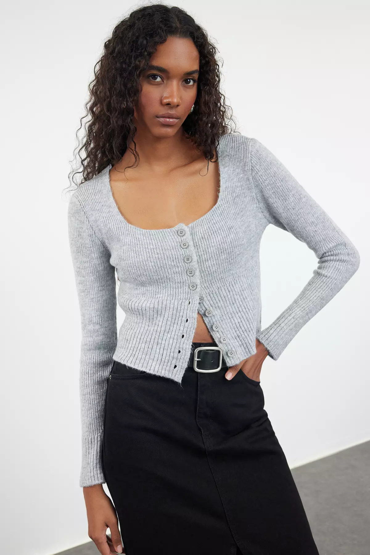 Square Collar Gray Knitwear Crop Cardigan