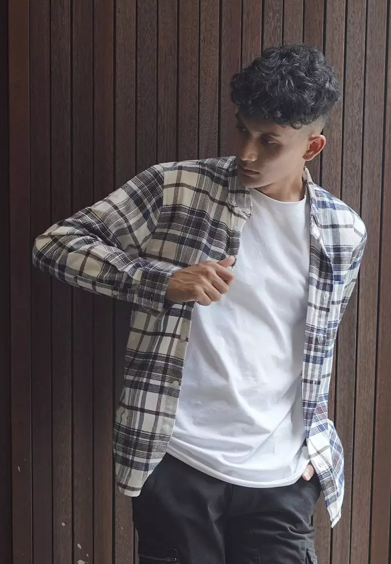 OXCON Extra Comfort Authentic Flannel Shirt White Blue Navy