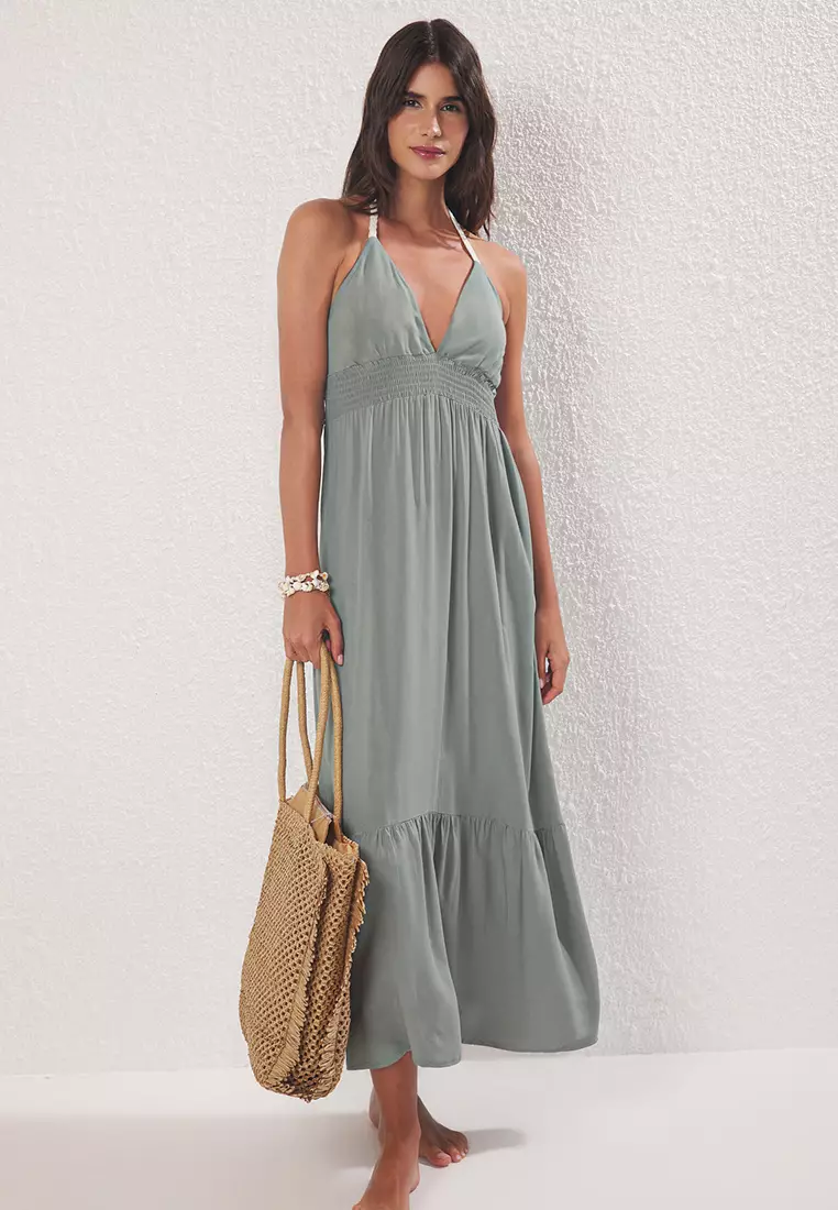 Khaki Maxi Woven Beach Dress Tbess25El00109