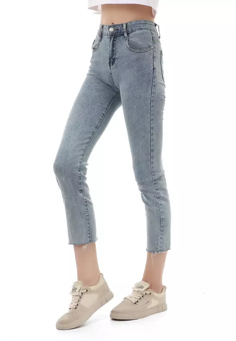 Jourel Long Pants Unfinish Wanita Celana Jeans High Waist Material Denim ORIGINAL - Light Blue