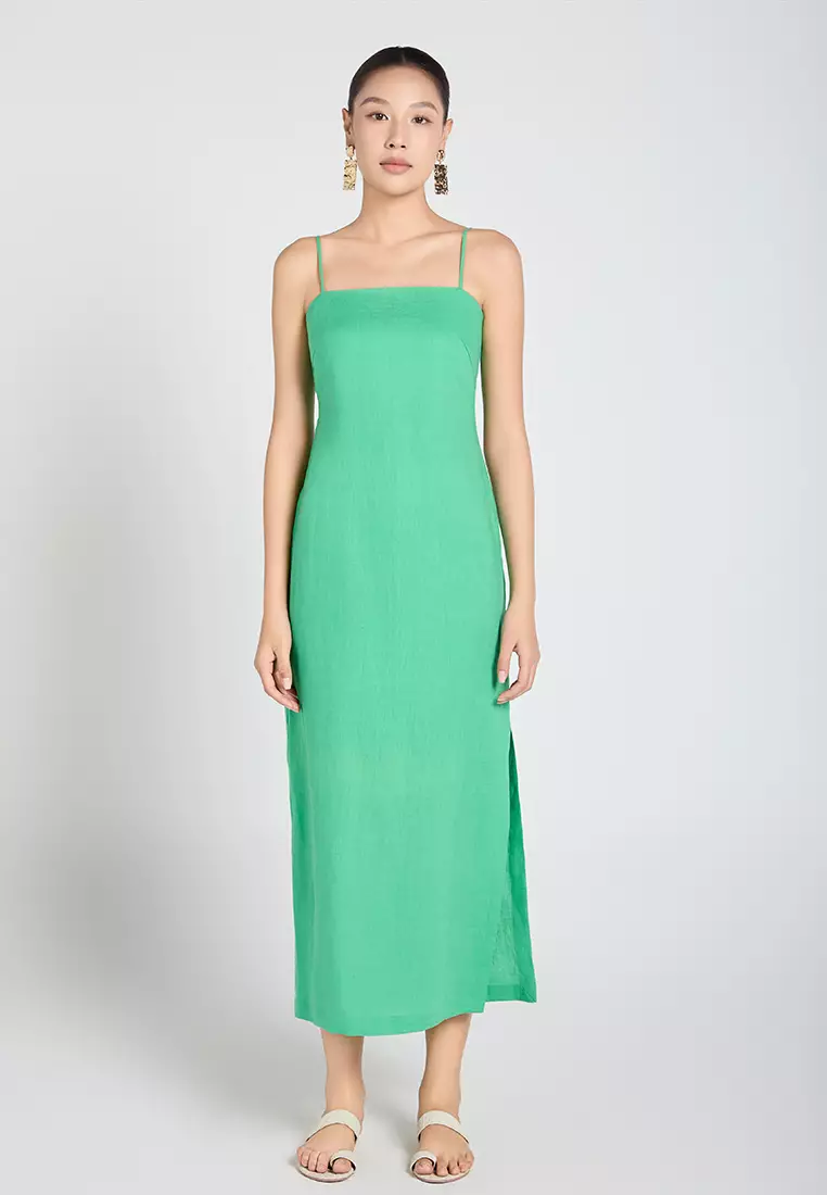 Linen Spaghetti-Strap Pencil Dress