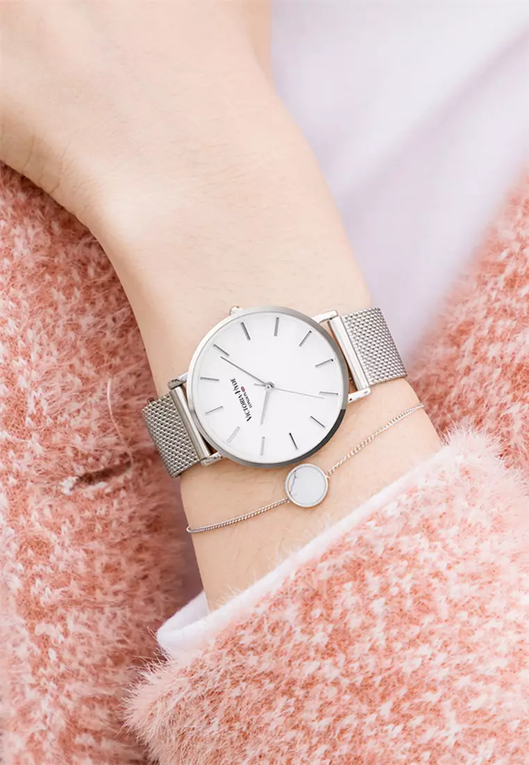 女士手表 银色不锈钢网状表带 33mm表壳 白色表盘-银色