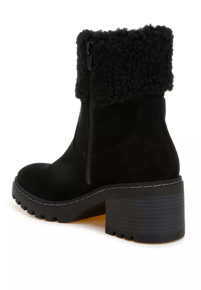 Faux Fur & Embroidery Detail Boots in Black