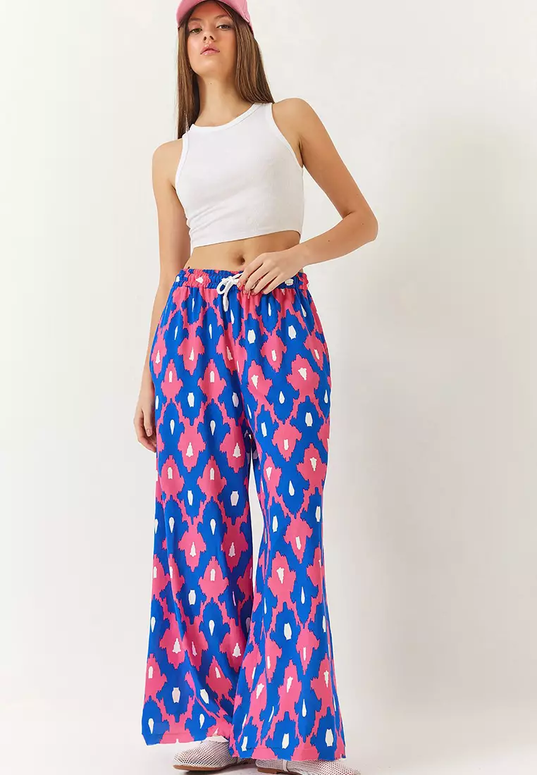 Women's Patterned Elastic Waist Laced Pocket Viscose Casual Palazzo Pants 60261435