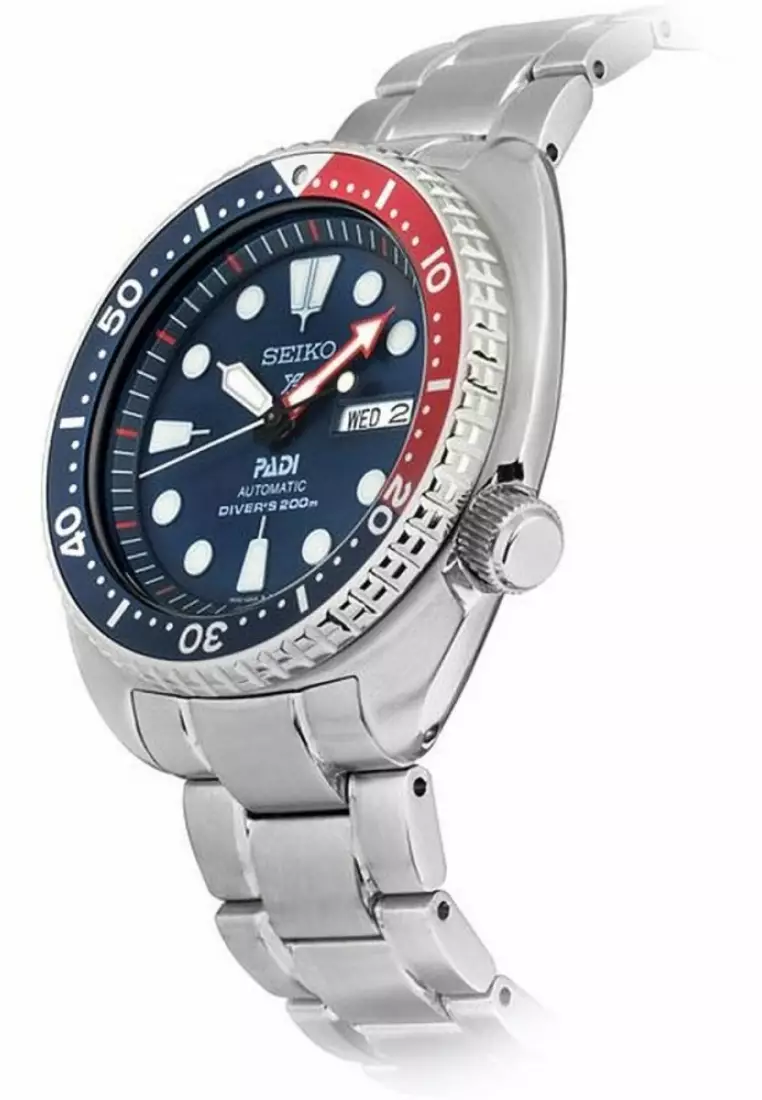 Seiko Prospex 'Turtle' PADI Special Edition Blue Dial With Red & Blue Bezel Stainless Steel Band Automatic SRPE99K1