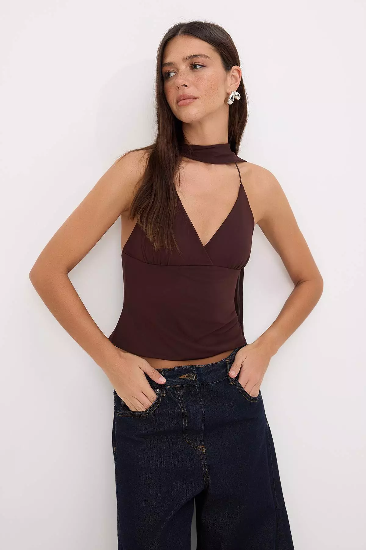 Brown Polka Dot Li Fitted Halter Neck Tie-Detail Accessory Detail Tulle Knitted Blouse Twoss26Bz488