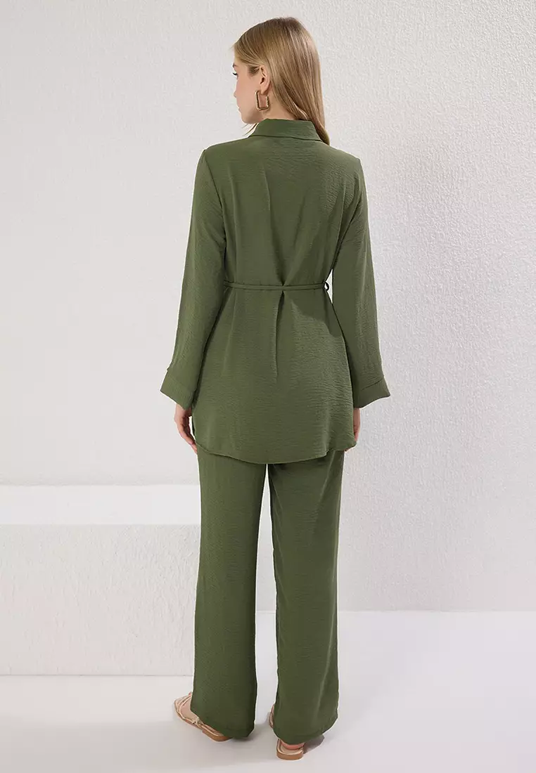Khaki Waist Tie Detailed Aerobin Shirt-Pants Woven Bottom-Top Set TCTSS25US00034