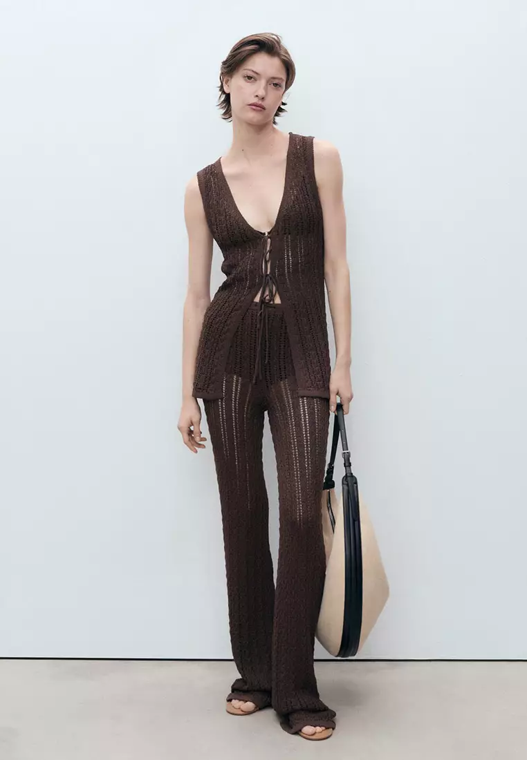 Openwork Knitted Waistcoat With Bow Closure