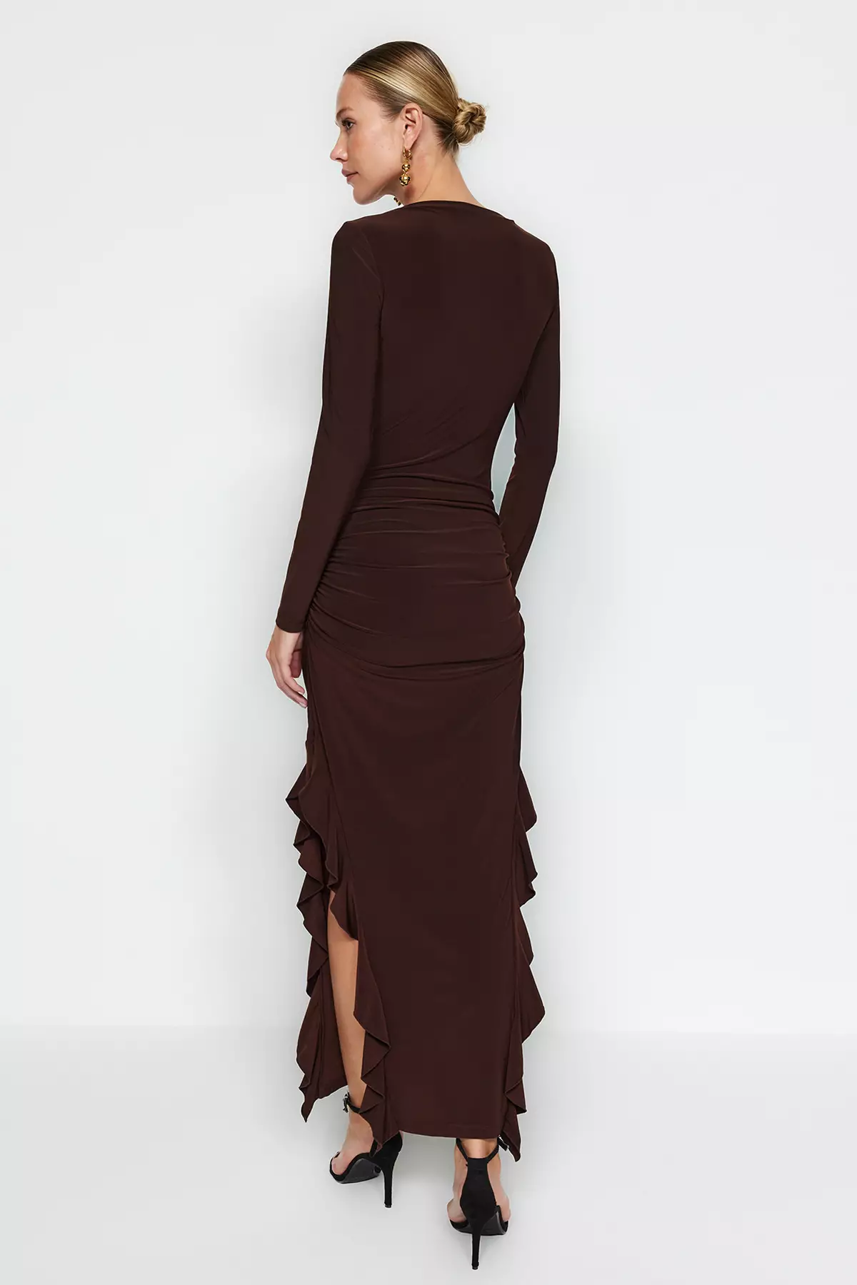 Boat Neck Ruffle Ruched Midi Dress