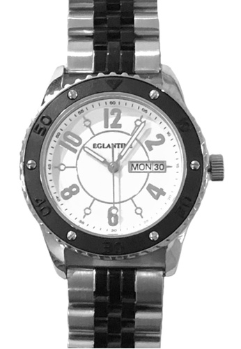 EGLANTINE 黑色 and 銀色 EGLANTINE® DAY/DATE 中性鋼質石英手錶，白色錶盤，星期日期，鋼質和 IP 黑色錶鍊 A2F4DAC65E7B9CGS_1