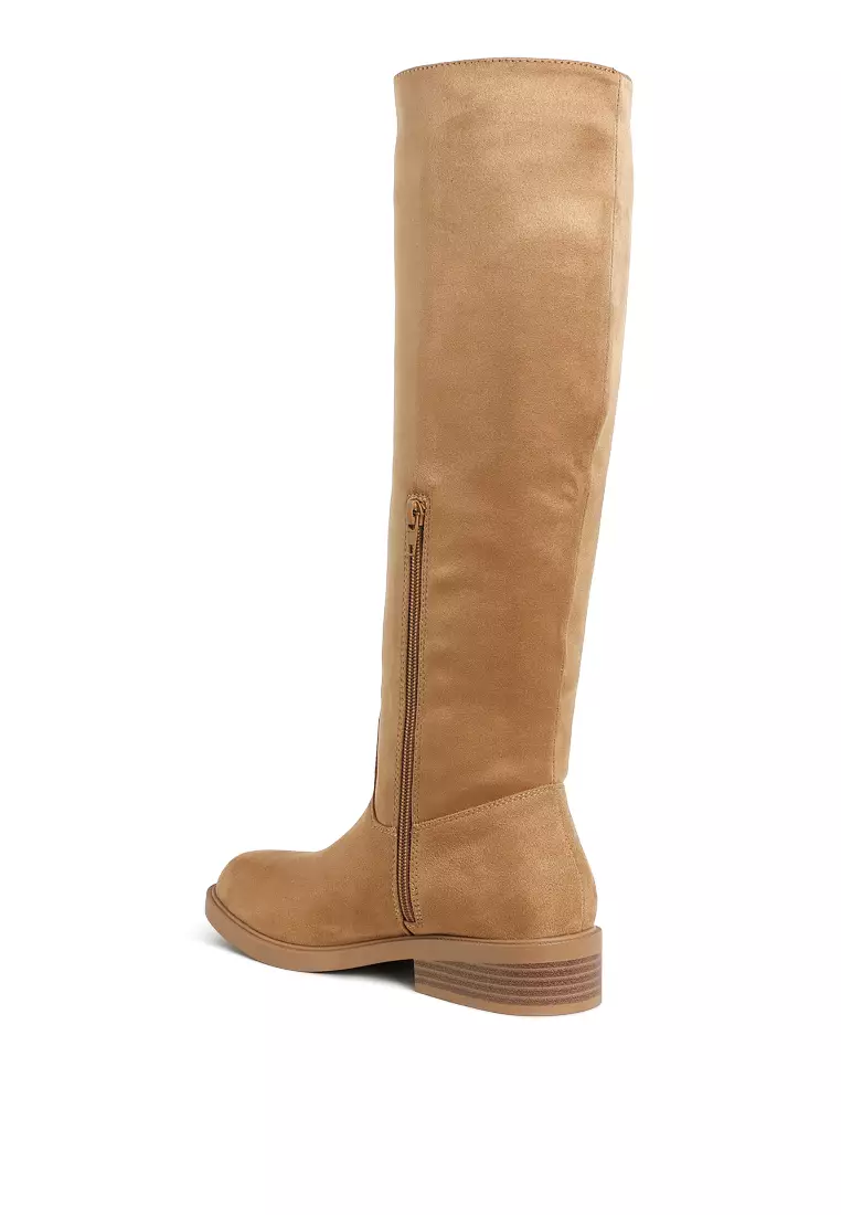 Round Toe Microfiber Calf Boots in Taupe