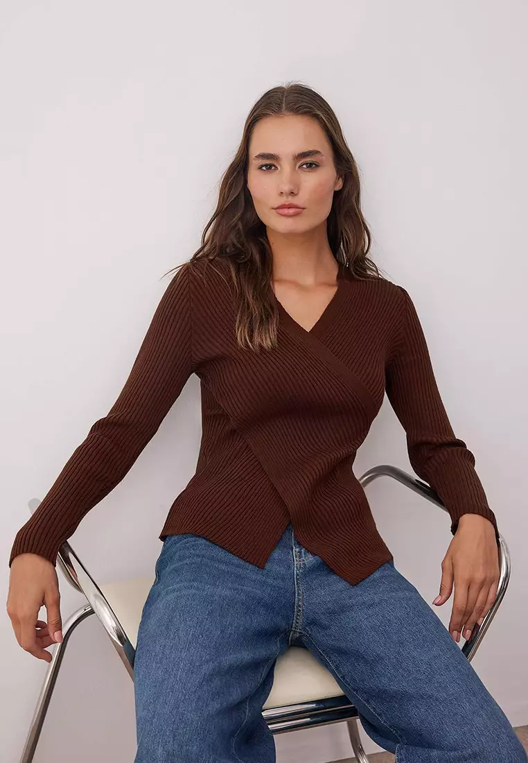 Brown*001 Fitted Plain Double Breasted Thin Knit Sweater Twoaw26Kz00178