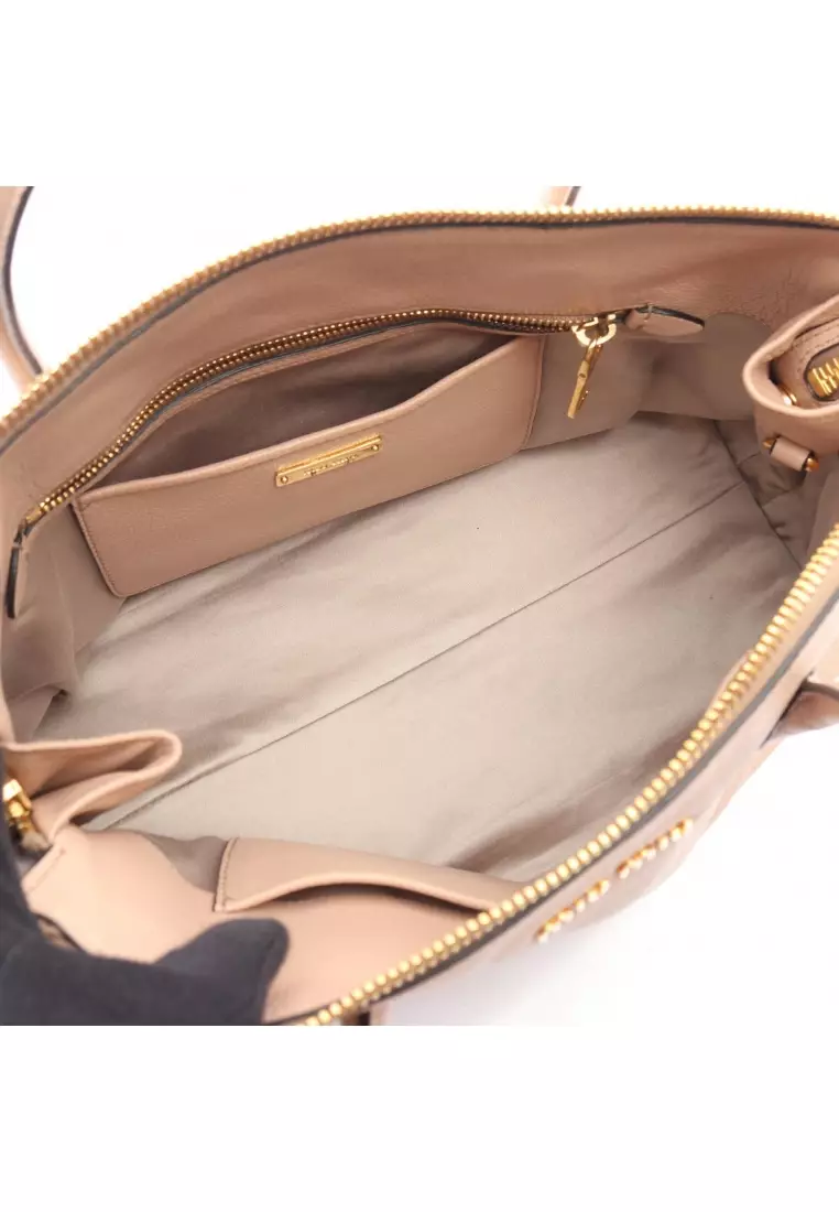 Pre-Loved MIU MIU MADRAS Madras Handbag leather beige 2WAY