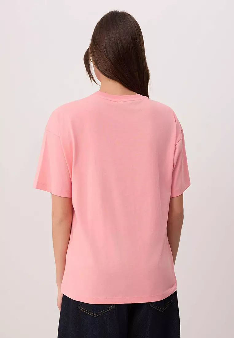 Pink Slogan Oversize Crew Neck Low Sleeve Short Long 1% Cotton Knitted T-Shirt Twoss26Ts21