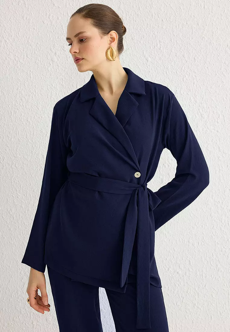 Navy Blue Belted Double Breasted Shirt-Pants Woven Bottom-Top Set TCTSS25US00001