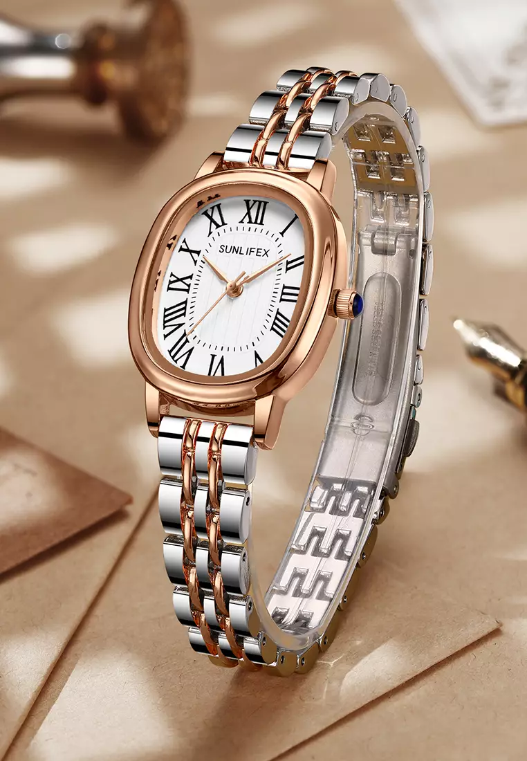 Jam Tangan Wanita Analog Original Korean Tali Rantai Oval Stanless Anti Air Jam Tangan Cewek rosewhite