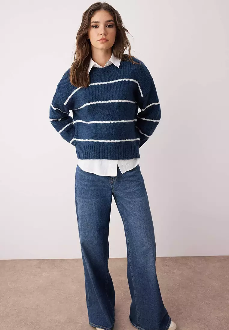 Navy Blue*001 Wide Fit Soft Textured Striped Basic Knitwear Sweater
