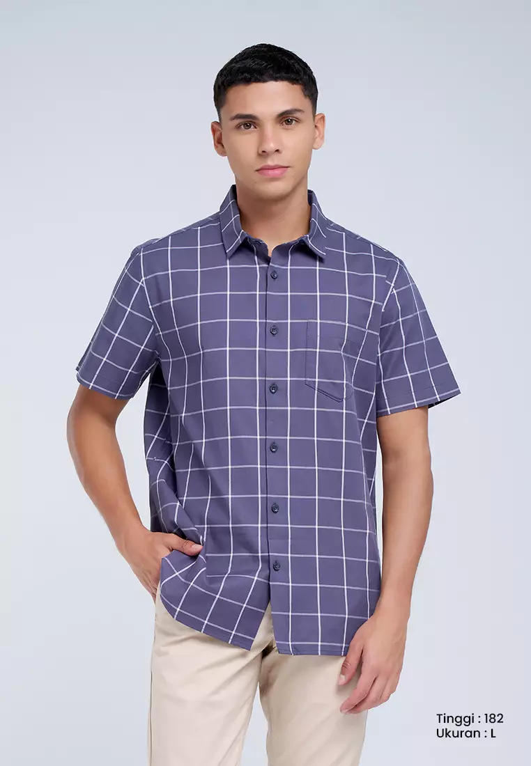 MANZONE - Kemeja Lengan Pendek Pria Olav Modern Fit - Grey Warna Grey