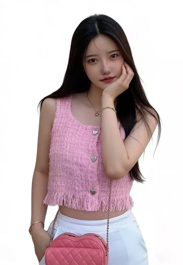 Square Neck Heart Button Fringe Crop Camis CA26031928PI