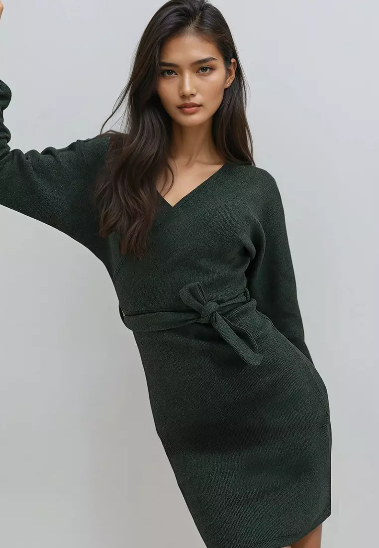 Women's Olive Green Double-Breasted Batwing Sleeve Waist Belted Camisole Dress Alc-X7623