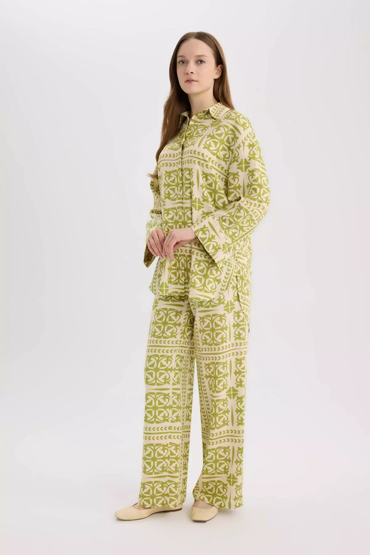 Relax Fit Patterned Linen Blended Long Sleeve Hijab Shirt Tunic D8184Ax25Sp