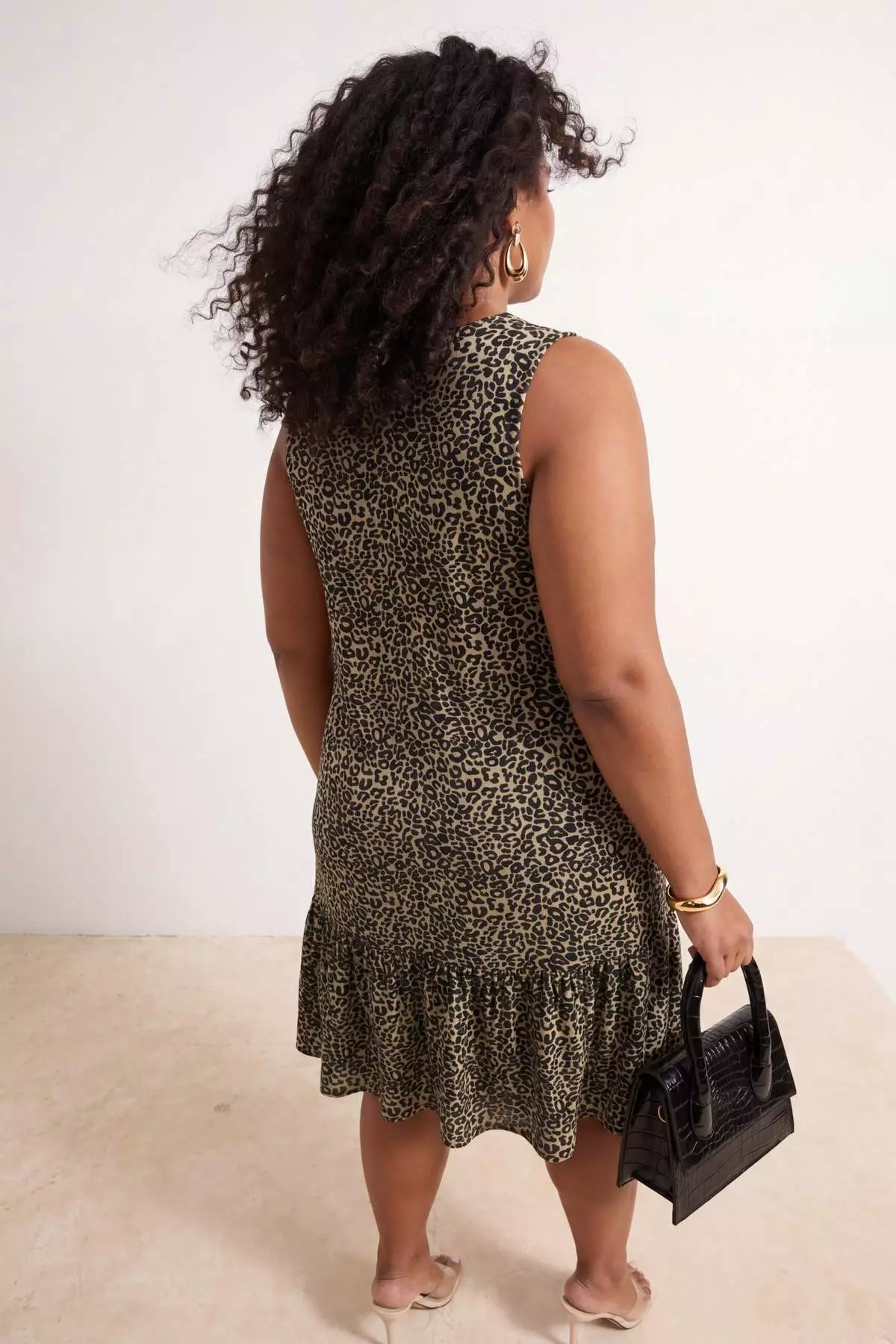 Green Printed Zero Sleeve Flounces Shift Mini Stretchy Knitted Plus Size Dress Tbbss24Ah00131