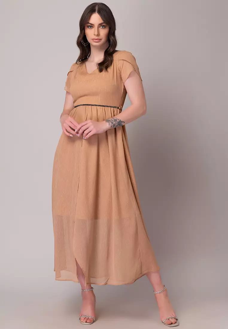 Peach V-Neck Maxi Dress With Embellished Belt