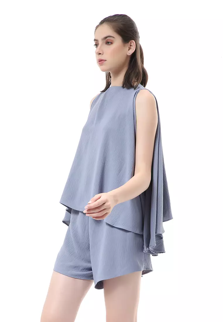 Nayra One Set Setelan Wanita Sleeveless Blouse with Short Pants Plain Motive Material Crepe Crinkle ORIGINAL - Bluegray