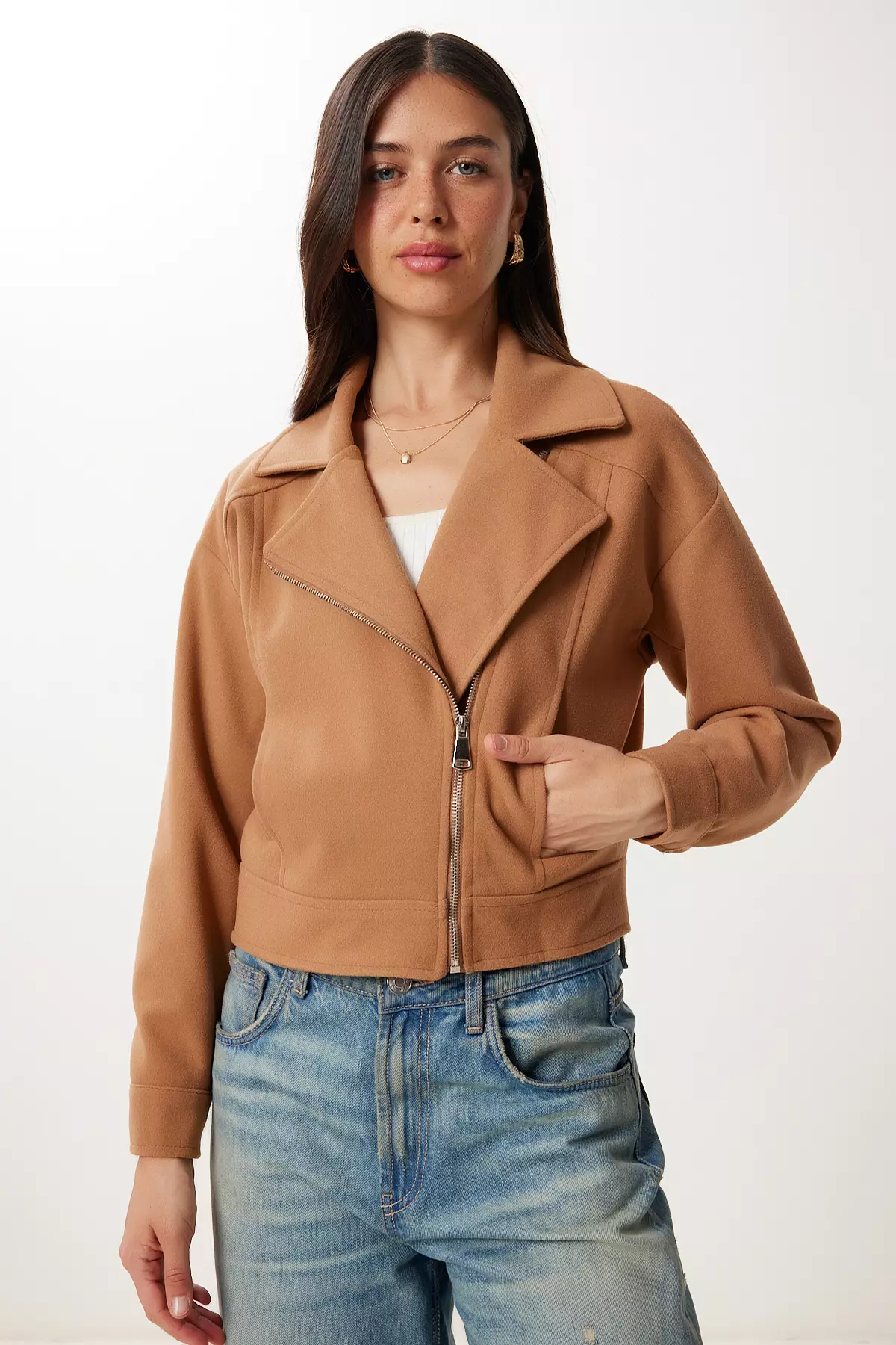 Women's Camel Pocket Short Cashmere Jacket Dd01372