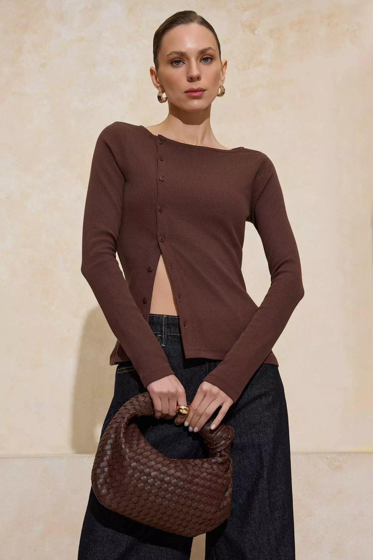 Dark Brown Premium Knitted Detailed Women'S Mini Shoulder Bag Takaw26Oc00072