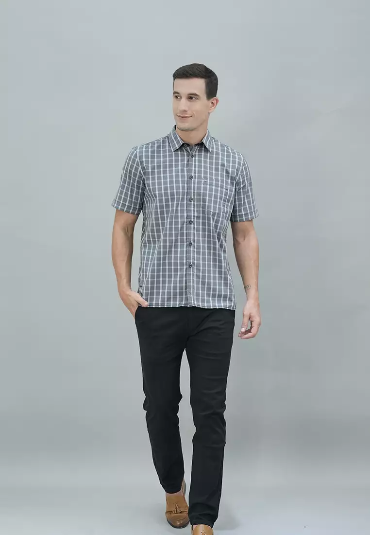 LGS - Regular Fit - Kemeja Casual Pria - Lengan Pendek - Motif Kotak-kotak - Abu - CSH.270.S570.1303.C
