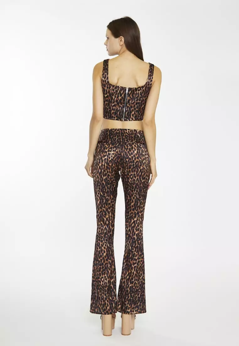 Brown Leopard Split Front Flared Trousers