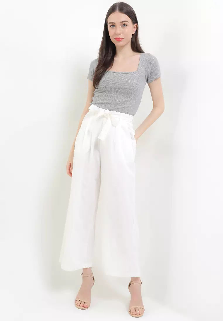 Wideleg Pants W/ Laced Belt And Side Pockets