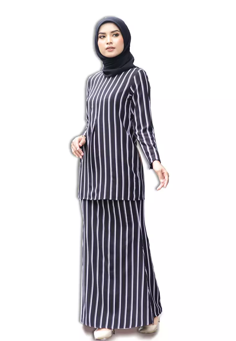 Rina Stripe Printed Kurung Black White