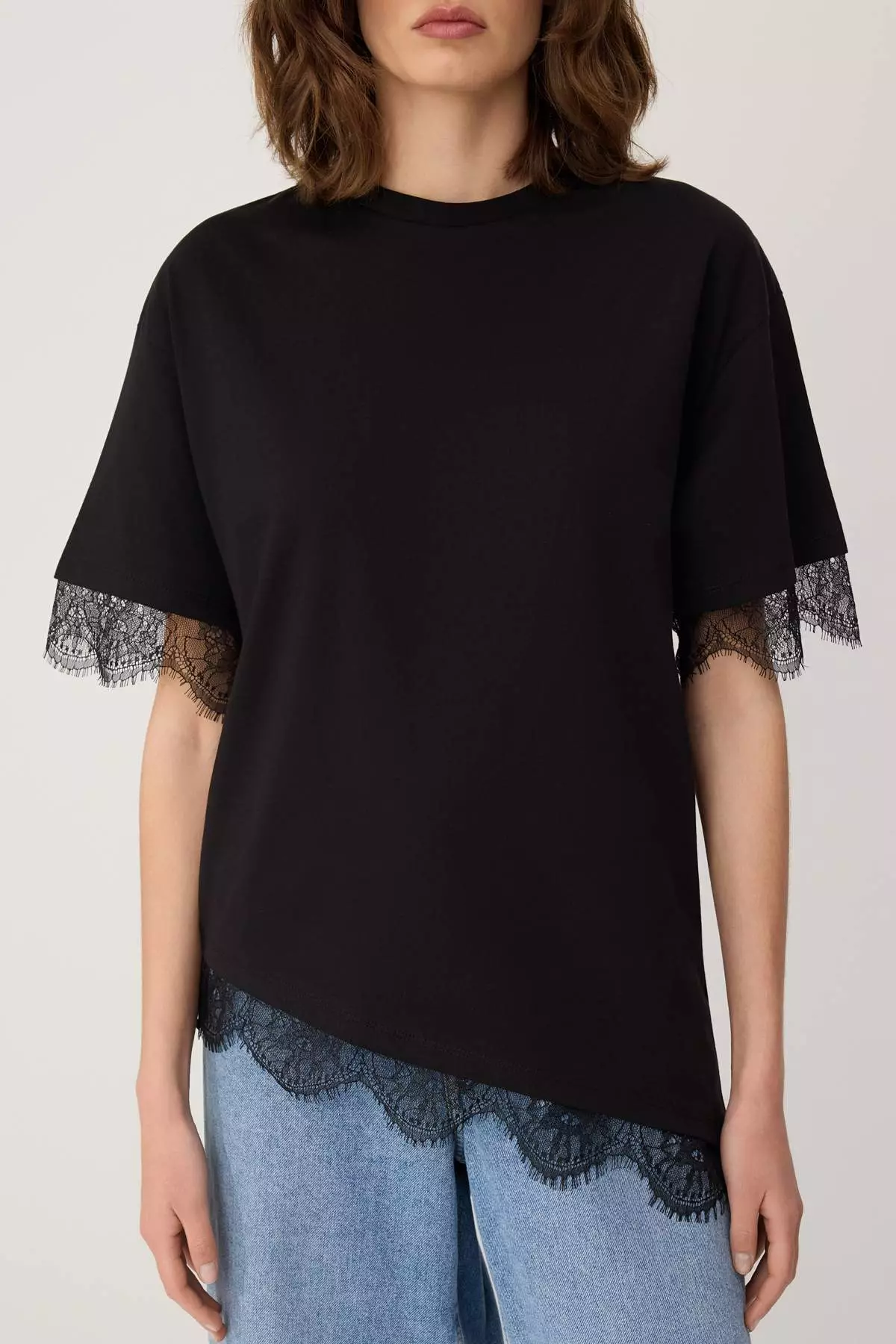 Black Regular/Normal Fit Lace Pack Low Sleeve Short Sleeve Soft Touch Knitted T-Shirt Twoss26Ts196