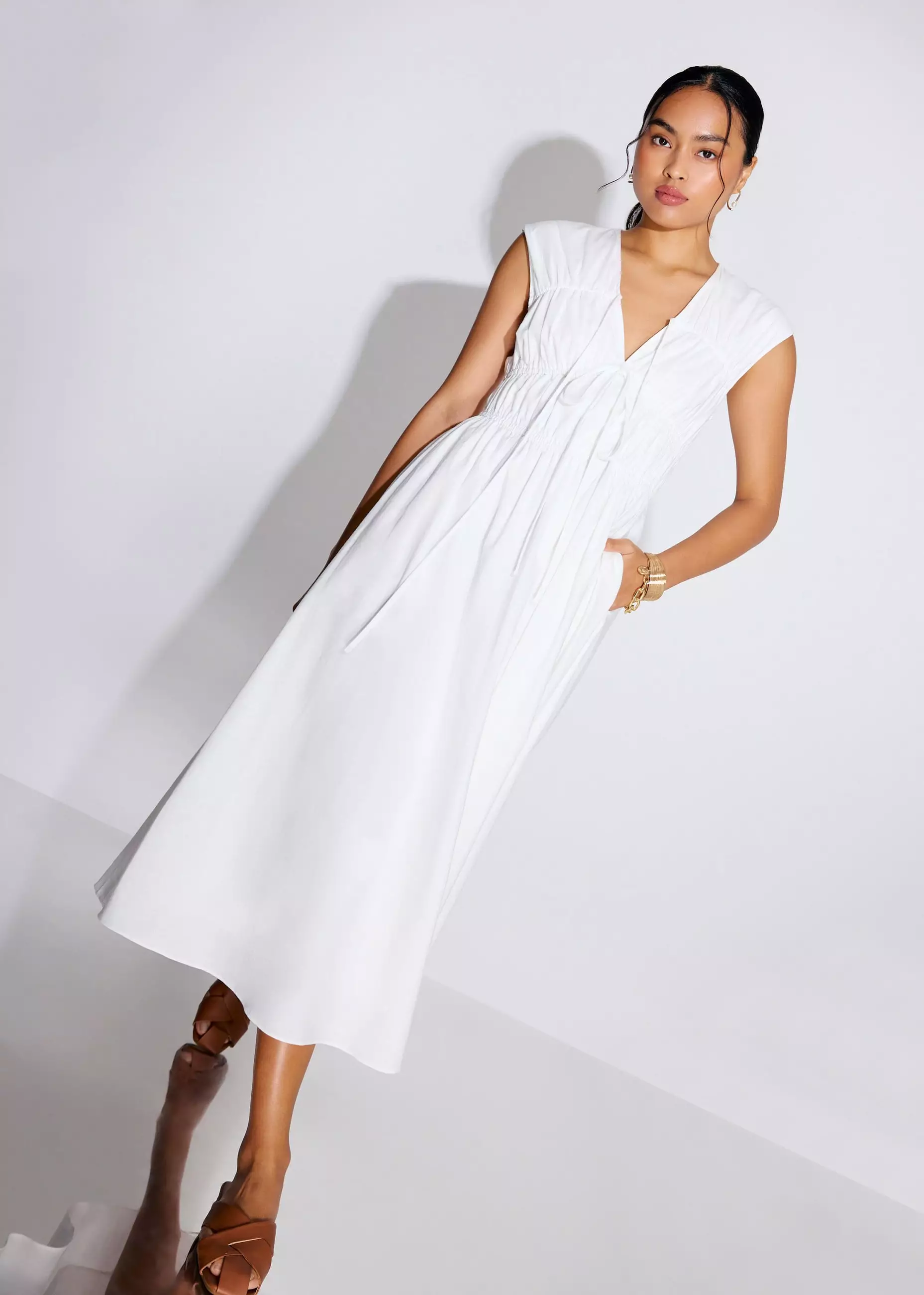 Dress Wanita - Linen Front Tie Fit & Flare Elastic Midaxi Dress