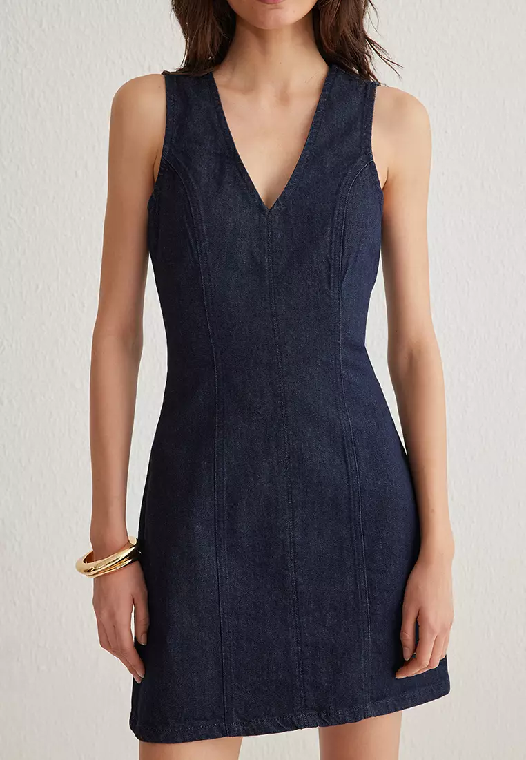 Dark Blue V Neck Mini Denim Dress TWOSS25EL00151
