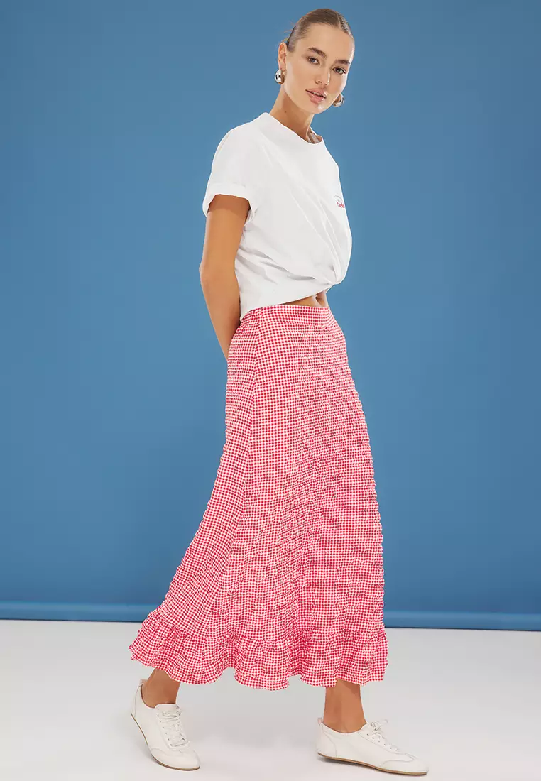 Red Seersucker Fabric Gingham Pattern Maxi Length Woven Skirt