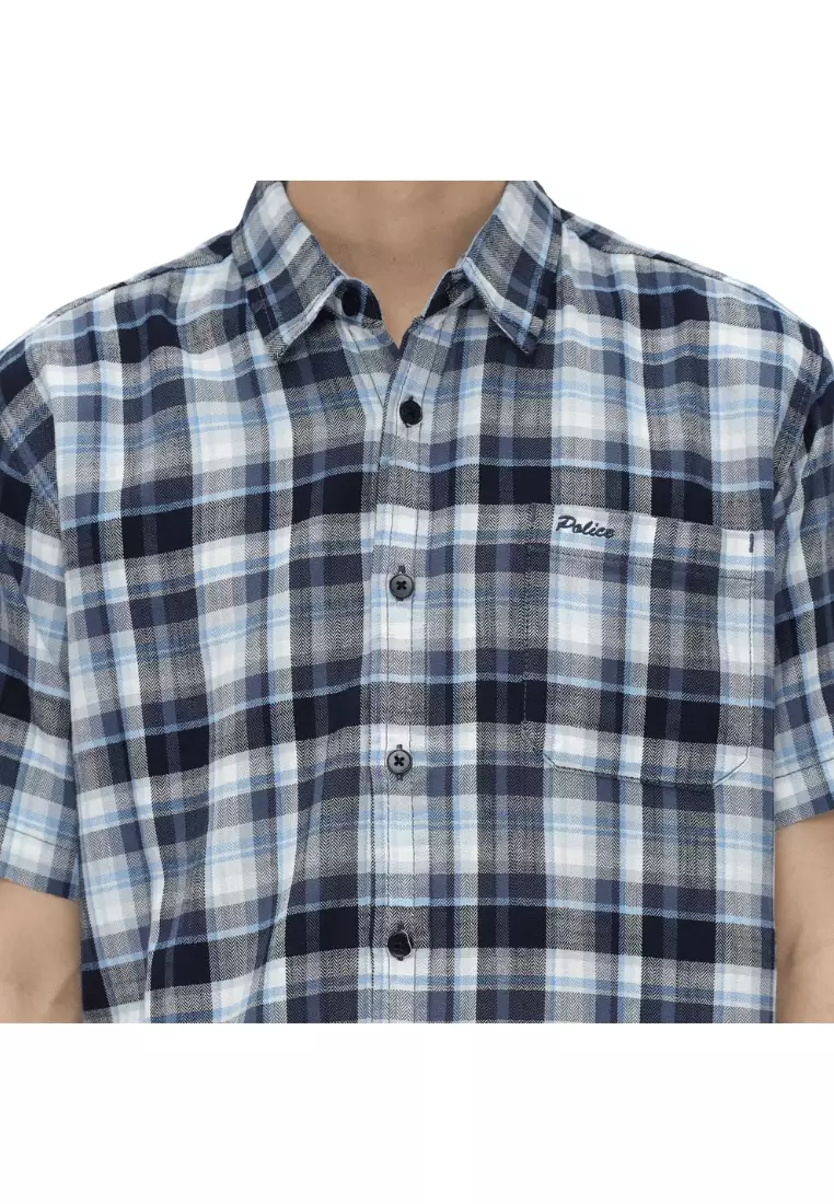 POLICE Kemeja Kotak Cotton Twill Slub Biru Putih Regular Fit Pria