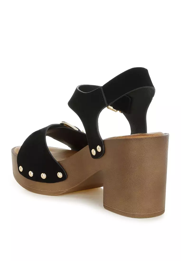 Real Suede Leather Clog Sandals In Black