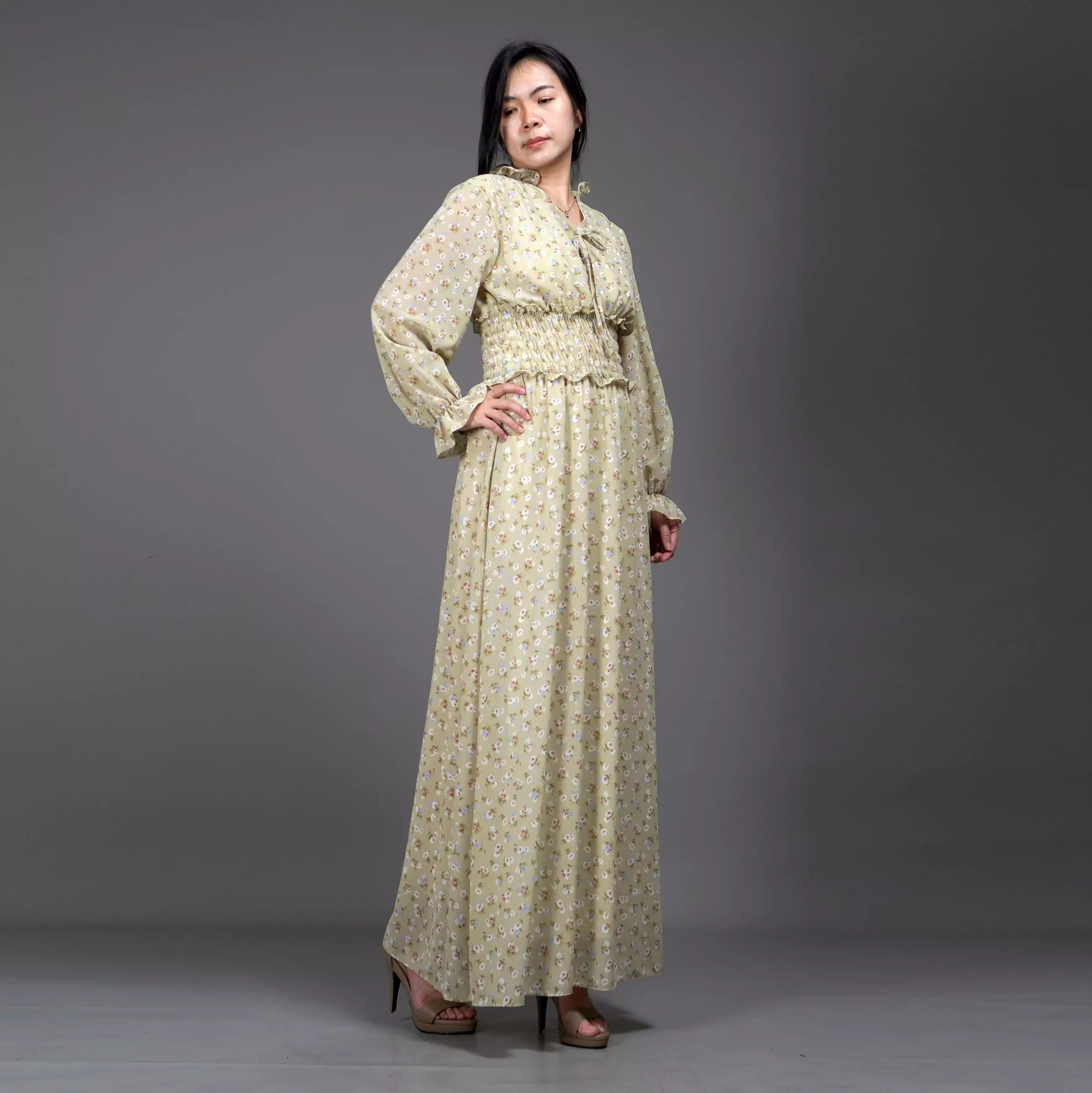  Dress SHALMA Long Dress Sifon Gaun Panjang Gaya Korea - Hijau