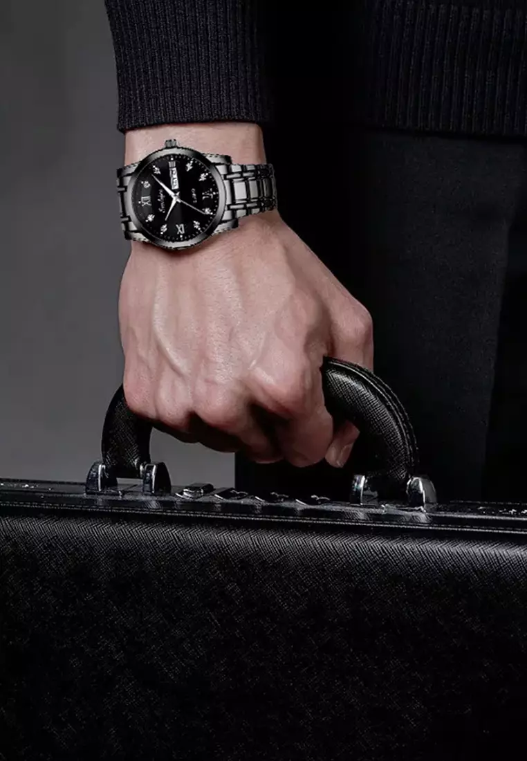 Jam Tangan Pria 9010 Kalender Kuarsa Tali Stainless Steel Bisnis Santai Jam Tangan Cowok allblack