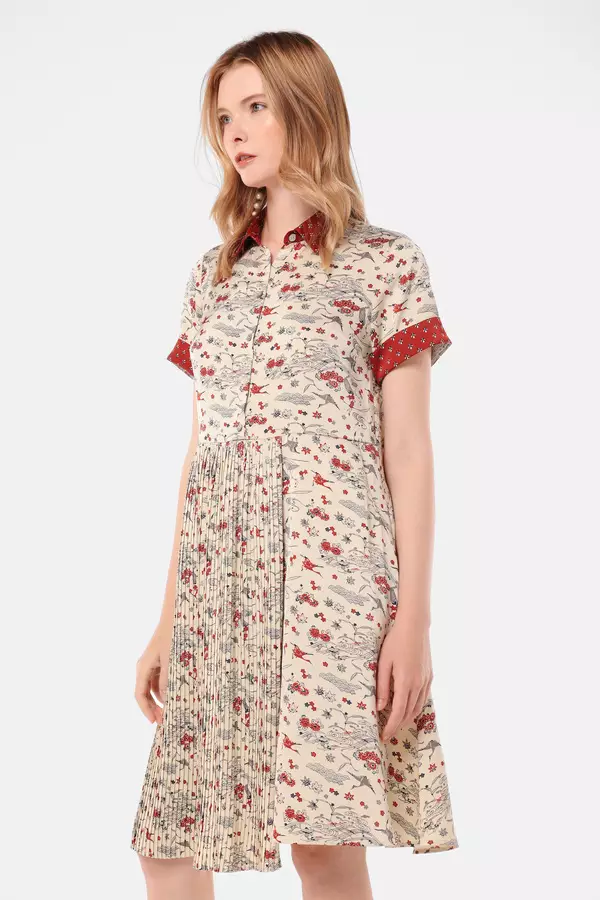 MINIMAL - Eriana - Dress Lipit Motif Gringsing - Red Warna Red