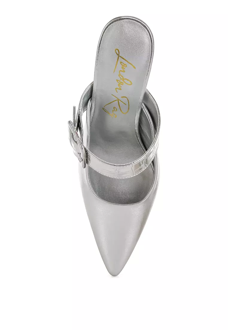 Large Buckle Kitten Heel Mules In Silver