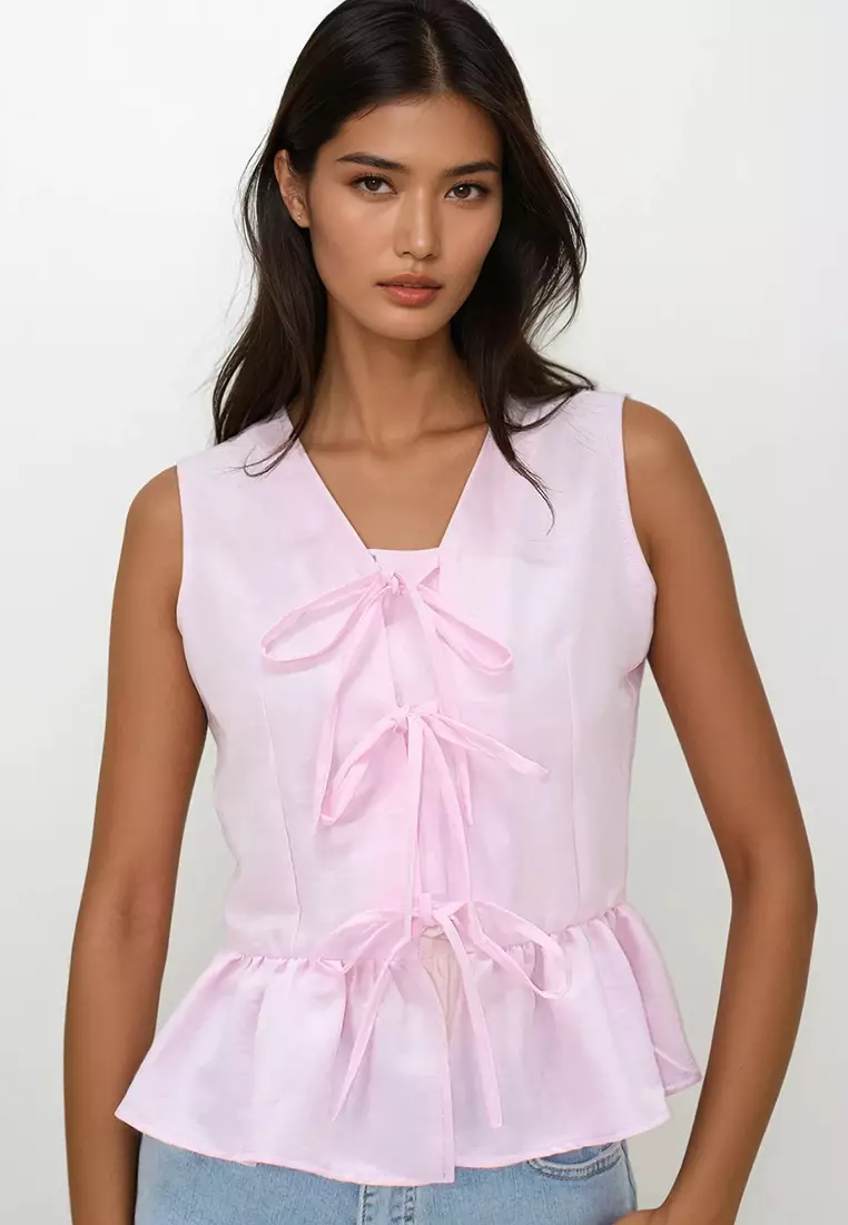 Cotton V-Neck Bow Top