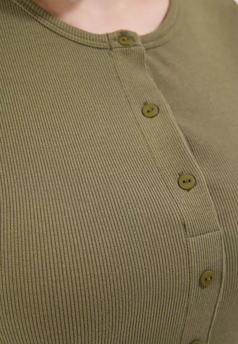 Green Button Detail Fitted Corduroy Knitting Plus Size Blouse TBBSS25AF00060