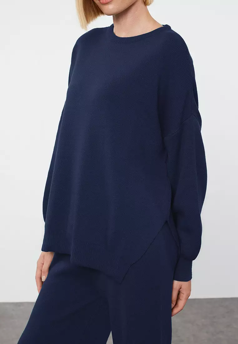 Navy Blue Wide Fit Balloon Sleeve Knitwear Bottom Top Suit